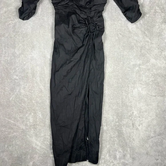 Free People Dress Womens XS Looking Stunning Black Puff Sleeve Slit Ruched Midi - Picture 6 of 10
